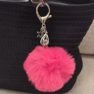 Gem-in-cage Hot Pink Pom Silver Keychain